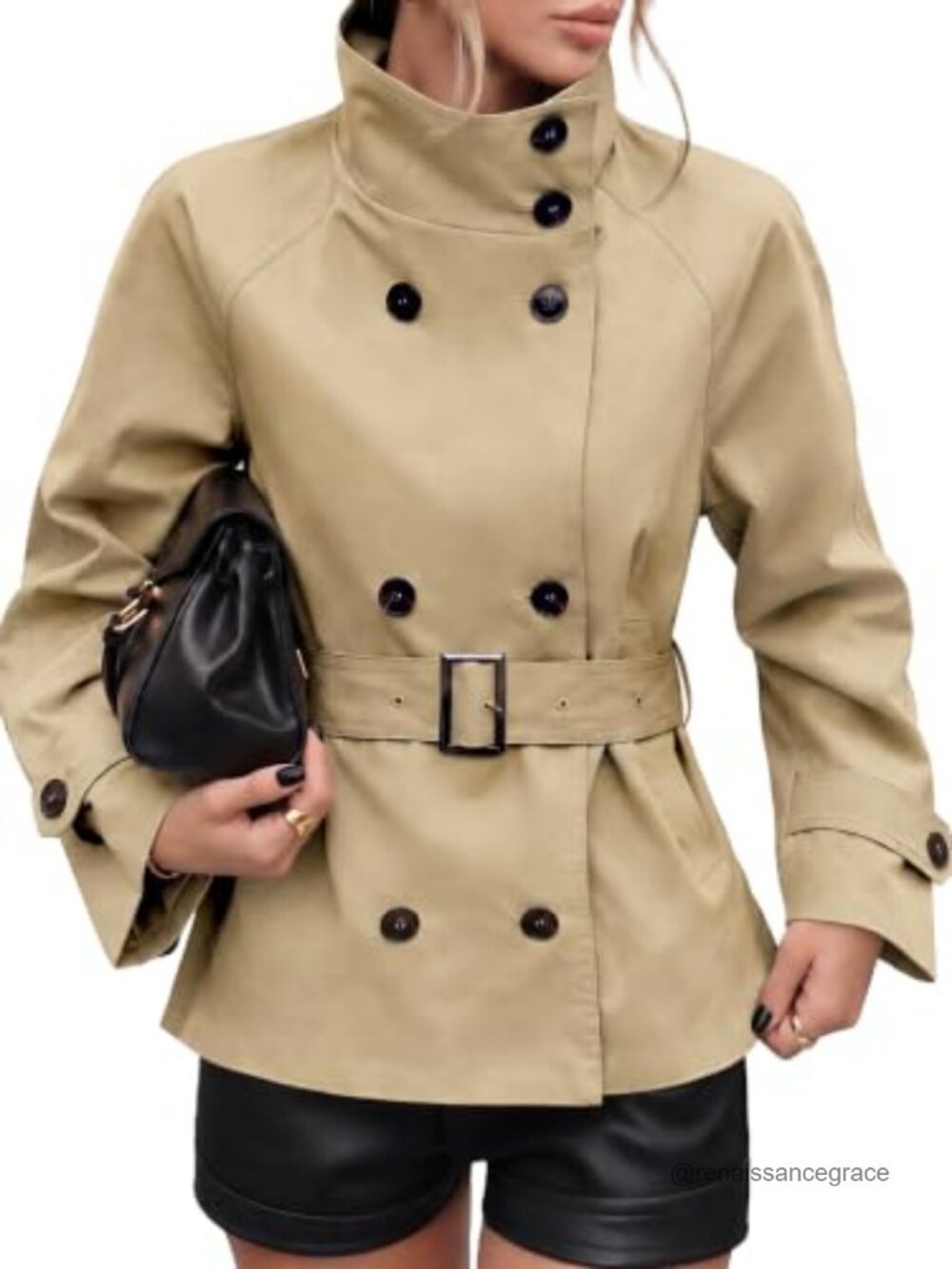 Cropped Trench Coat Funnel Neck Button Jacket with Belt Polyester